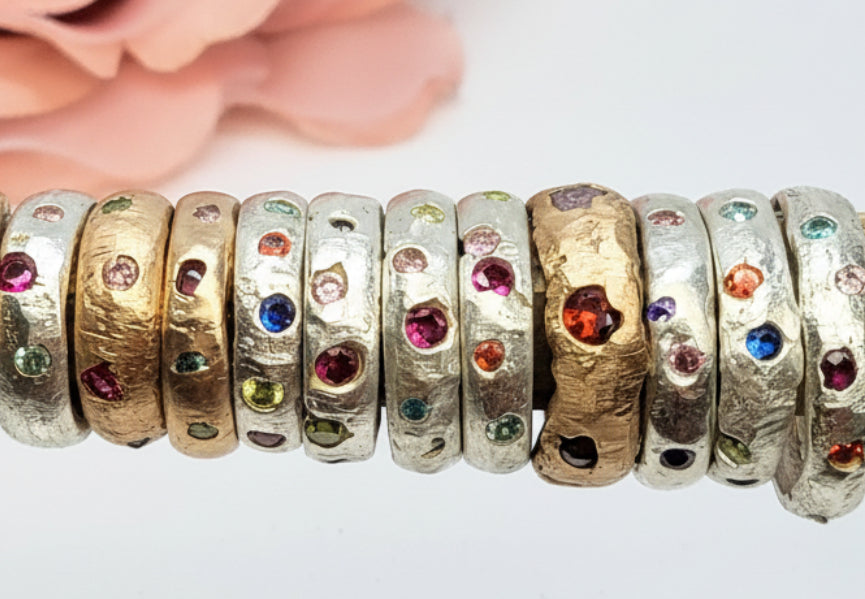 Medieval-inspired sterling silver handcrafted ring with rubies and / or sapphires