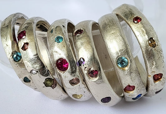 Medieval-inspired sterling silver handcrafted ring with rubies and / or sapphires