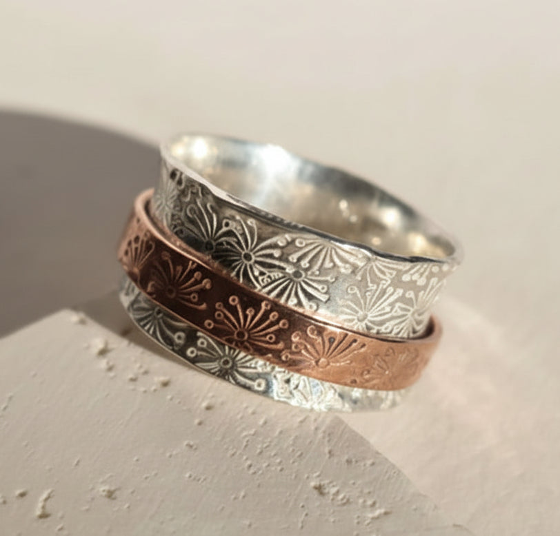 Buddhist-inspired handcrafted sterling silver meditation / fidget ring